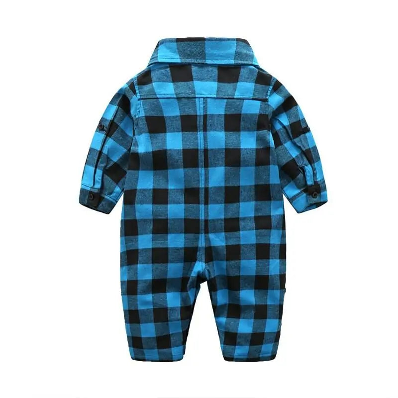 Plaid Long Sleeve Lapel Baby Romper