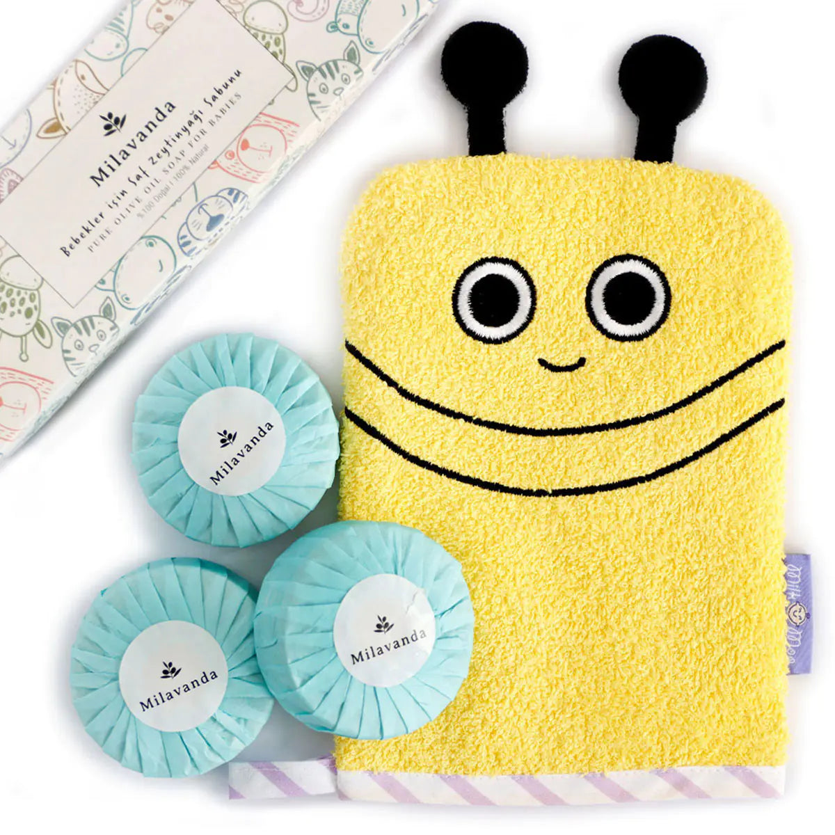 Milk&Moo Buzzy Bee Bath Glove and Milavanda Baby Soap Set